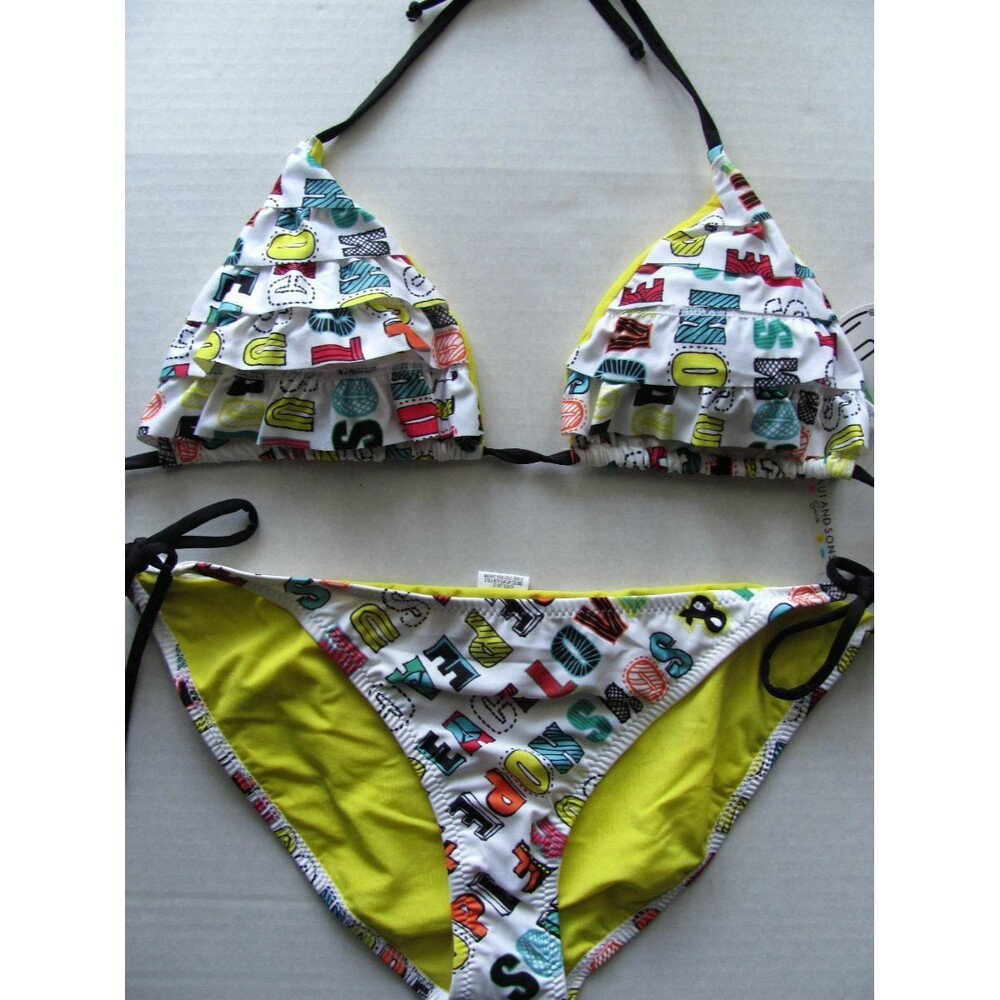 Maui & Sons Ruffle PEACE & LOVE String Bikini Triangle Slider Swim Suit XL